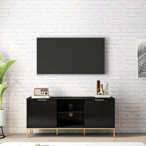 English Elm Modern Wave Door Media Console with Gold Legs Soft Close Hinges and Open Shelf W3151P407896