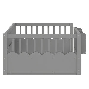 English Elm Twin Low Profile Kids Floor Bed Pine Wood Frame with Safety Rail and Built in Bookshelf Gray W1580P373135