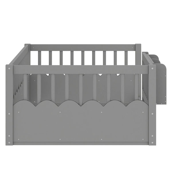 English Elm Twin Low Profile Kids Floor Bed Pine Wood Frame with Safety Rail and Built in Bookshelf Gray W1580P373135