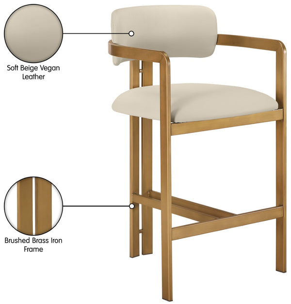 Meridian Furniture Aurum Vegan Leather Counter Stool with Sculpted Brushed Brass Frame for Kitchen Islands 88094Beige-C