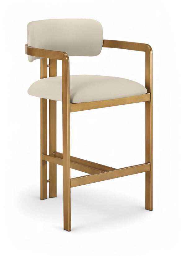 Meridian Furniture Aurum Vegan Leather Counter Stool with Sculpted Brushed Brass Frame for Kitchen Islands 88094Beige-C