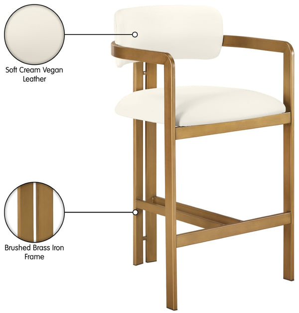 Meridian Furniture Aurum Sculptural Brushed Brass Vegan Leather Counter Stool for Kitchen Islands 88094Cream-C