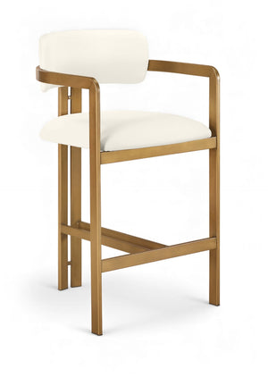 Meridian Furniture Aurum Sculptural Brushed Brass Vegan Leather Counter Stool for Kitchen Islands 88094Cream-C