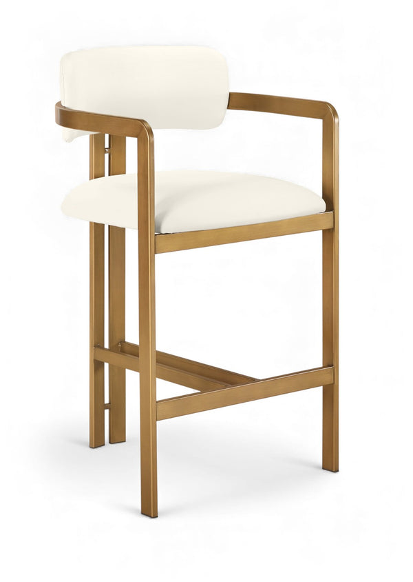 Meridian Furniture Aurum Sculptural Brushed Brass Vegan Leather Counter Stool for Kitchen Islands 88094Cream-C