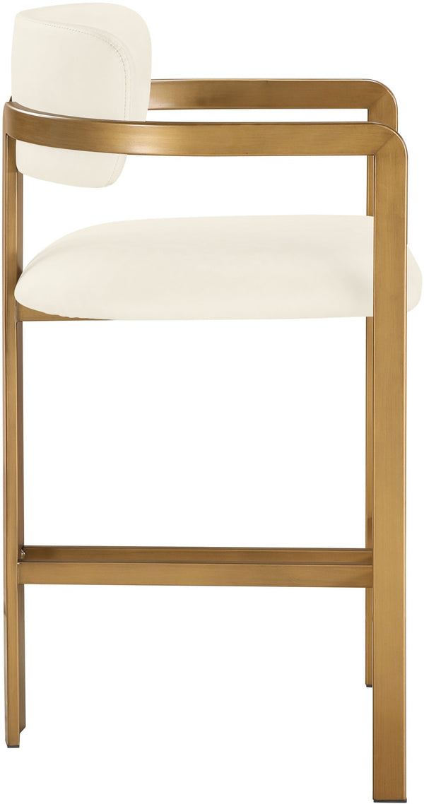 Meridian Furniture Aurum Sculptural Brushed Brass Vegan Leather Counter Stool for Kitchen Islands 88094Cream-C