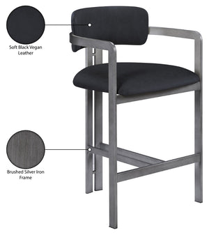Meridian Furniture Aurum Vegan Leather Counter Stool with Brushed Silver Frame for Kitchen Islands 88095Black-C