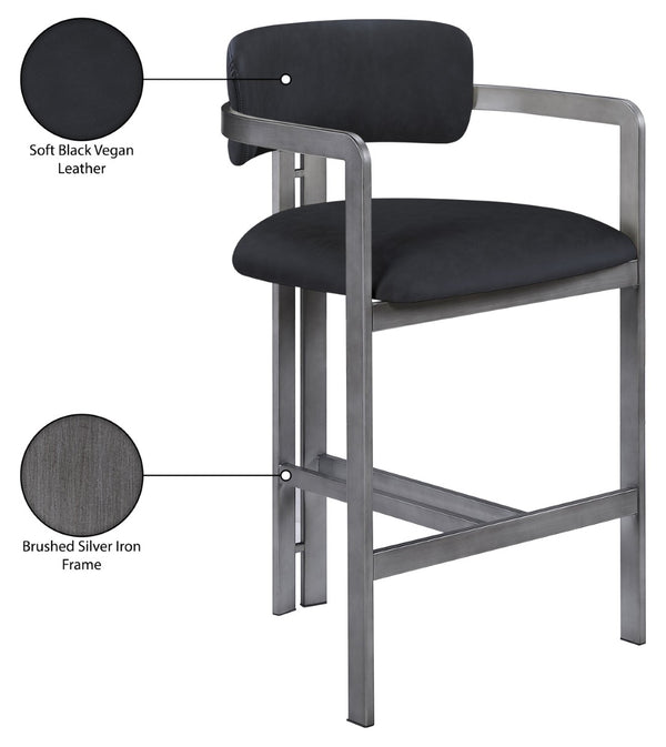 Meridian Furniture Aurum Vegan Leather Counter Stool with Brushed Silver Frame for Kitchen Islands 88095Black-C