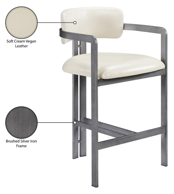Meridian Furniture Aurum Cream Vegan Leather Counter Stool with Brushed Silver Sculptural Frame 88095Cream-C