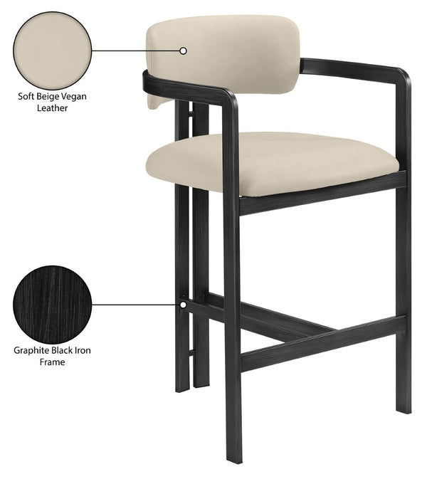 Meridian Furniture Aurum Beige Vegan Leather Counter Stool with Sculptural Graphite Iron Frame 88096Beige-C