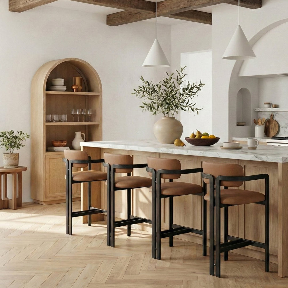 Meridian Furniture Aurum Cognac Vegan Leather Counter Stool with Graphite Iron Frame Modern Kitchen 88096Cognac-C