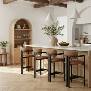 Meridian Furniture Aurum Cognac Vegan Leather Counter Stool with Graphite Iron Frame Modern Kitchen 88096Cognac-C