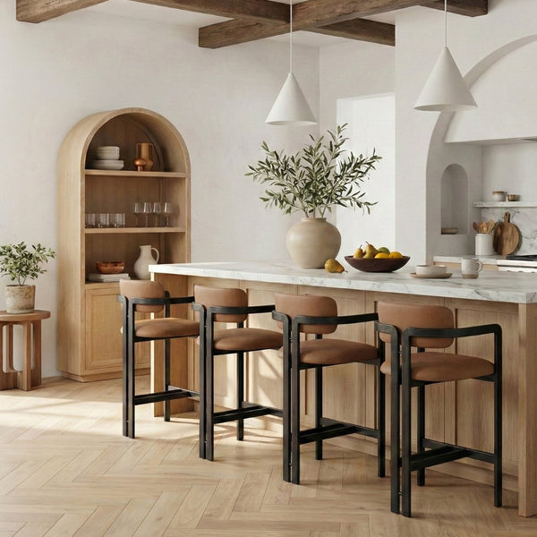 Meridian Furniture Aurum Cognac Vegan Leather Counter Stool with Graphite Iron Frame Modern Kitchen 88096Cognac-C