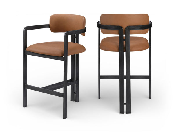 Meridian Furniture Aurum Cognac Vegan Leather Counter Stool with Graphite Iron Frame Modern Kitchen 88096Cognac-C