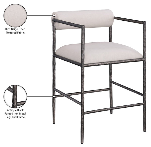 Meridian Furniture Axis Upholstered Counter Stool with Iron Frame and Footrest for Kitchen Islands and Bars Beige Set A 88098Beige-C