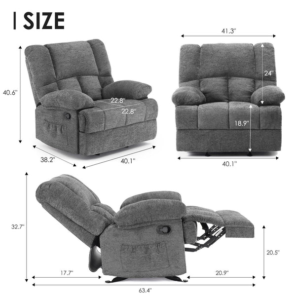 English Elm Oversized Rocking Rocker Recliner Chair with Ergonomic Support, Quick Tool-Free Assembly, Plush Comfort Stone Gray T3623P379945