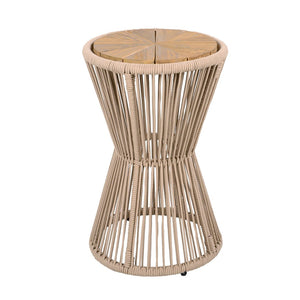 English Elm Outdoor Acacia Wood Top Side Table Woven Rope Iron Frame Hourglass Patio Accent Beige,Light Teak N770P354691L