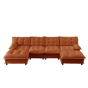 English Elm 138" U-shaped Chenille Cloud Sectional with Ottomans Deep Seat Modular Living Room Sofa Orange W714S01742