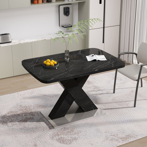 English Elm Modern Rectangle Dining Table - Stretchable Black Marble Top With X-Shape Mdf Legs & Metal Base W757P242762