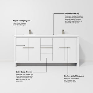 English Elm White Double Bath Vanity With White Quartz Top, Gun Metal Faucet, And Ample Storage Space, 72" Wide B2731P259521-GIGA
