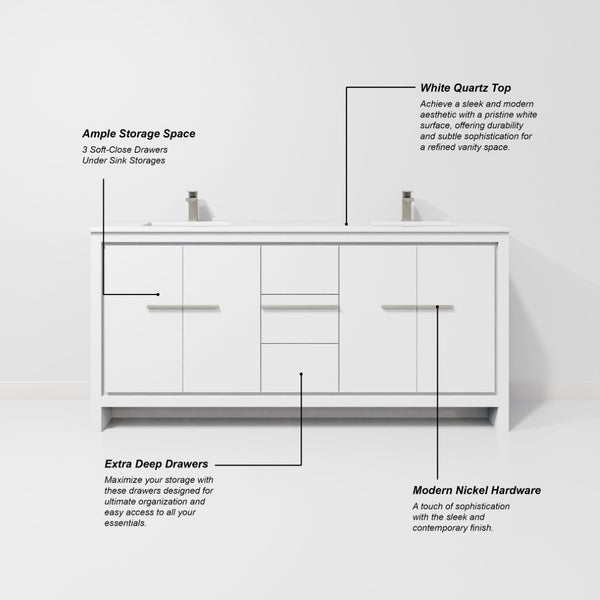 English Elm White Double Bath Vanity With White Quartz Top, Gun Metal Faucet, And Ample Storage Space, 72" Wide B2731P259521-GIGA