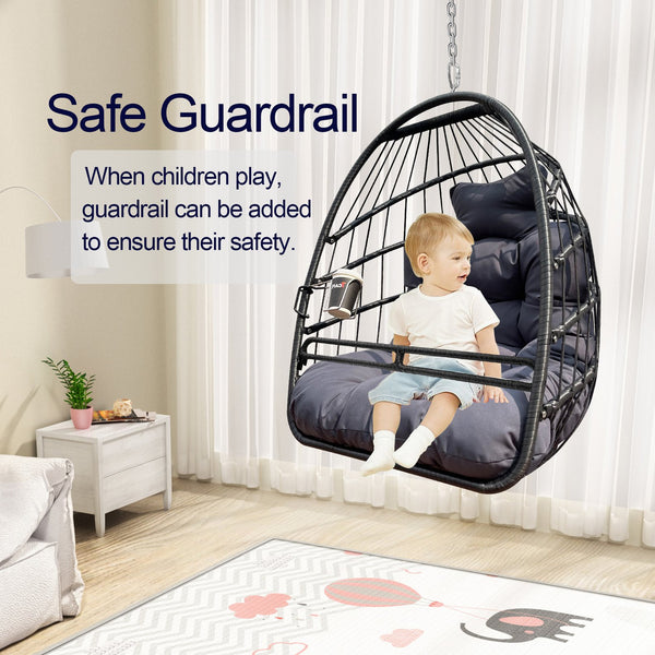 English Elm Swing Hammock Egg Chair with Wood-Grain Alloy Frame, UV-Resistant Rattan, Foldable 350lb Capacity Black W2707P184373