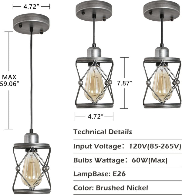 English Elm Industrial Brushed Nickel Mini Cage Pendant Light - Adjustable LED Downlight for Kitchen Island, Dining Room T3177P299501
