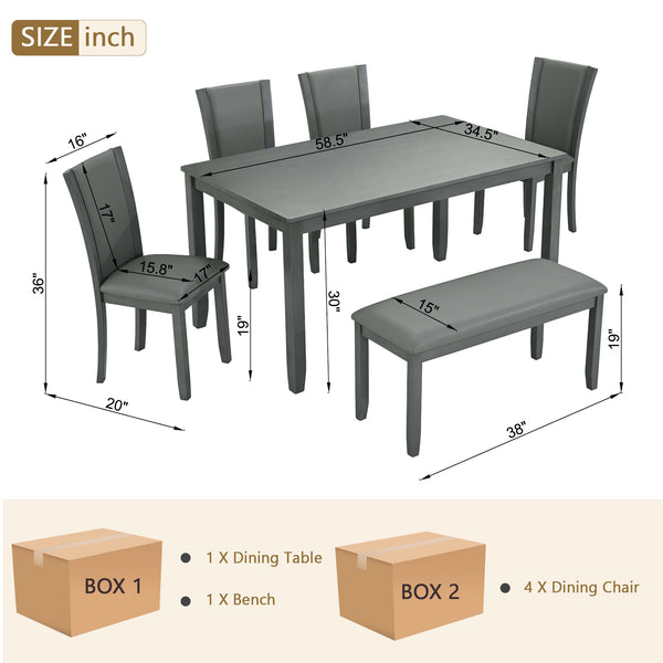 English Elm 6-Piece Modern Dining Table Set For 6 - Stylish Grey Wooden Table, Bench & Upholstered Chairs W1998S00066