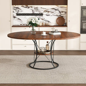 English Elm 43 Inch Expandable Round Dining Table Walnut Veneer Seats Six with Metal Storage Shelf Walnut+Black W2700P411580