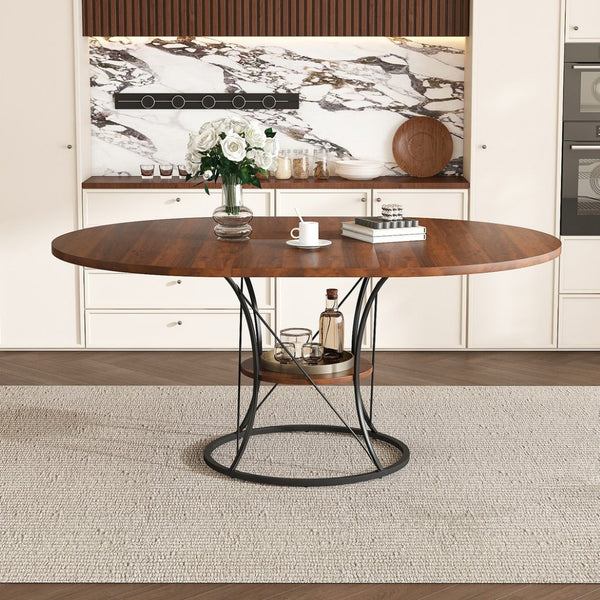 English Elm 43 Inch Expandable Round Dining Table Walnut Veneer Seats Six with Metal Storage Shelf Walnut+Black W2700P411580