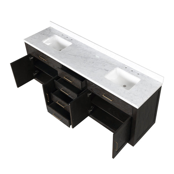 English Elm Brown Oak Double Bath Vanity With Luxurious Carrara Marble Top – Ample Storage & Easy Assembly! B2731P257847
