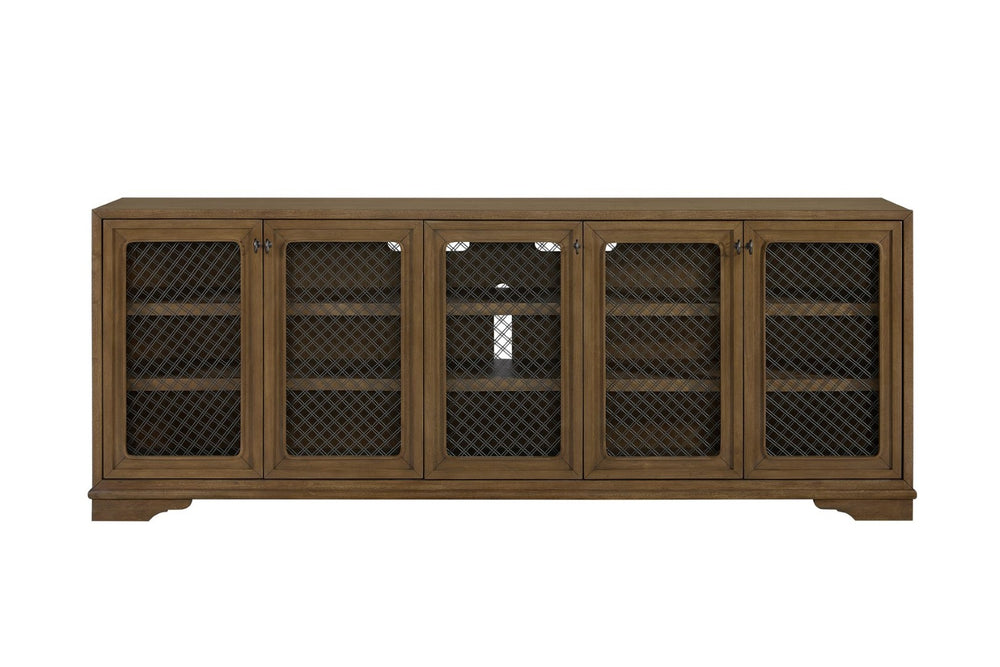 English Elm 84" Hickory Veneer Console with Metal Mesh Doors Transitional Living Room Credenza B2699P443195