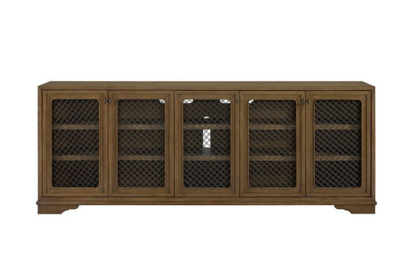 English Elm 84" Hickory Veneer Console with Metal Mesh Doors Transitional Living Room Credenza B2699P443195