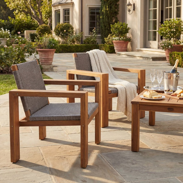 English Elm Outdoor Acacia Wood Patio Club Chairs Set of 2 with Wicker Backrest Teak Finish N772P384650T