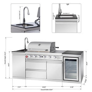 English Elm Outdoor Propane Kitchen Island with Grill Sink Refrigerator and Bar in Stainless Steel W5007S00010