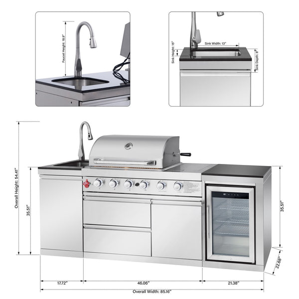 English Elm Outdoor Propane Kitchen Island with Grill Sink Refrigerator and Bar in Stainless Steel W5007S00010