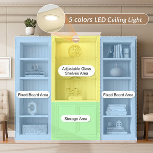 English Elm 78.75'' Retro Farmhouse 3-Piece White Bookcase Wall Suit with ETL 5-Color LED, Tempered Glass Shelves SN845P263122W