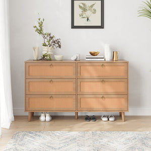 English Elm Rattan 6-Drawer Double Dresser with Handwoven PE Rattan Fronts, Wood Top, Copper Pulls, Spacious Storage Vintage T3623P411339