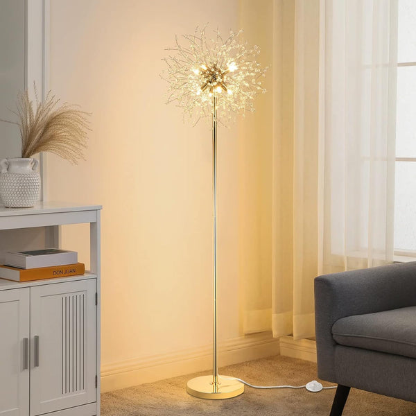 English Elm 69 inch Crystal Floor Lamp Gold Finish — 69" Modern K9 Crystal LED Standing Lamp with Foot Switch, Tall Decor W2738P185398
