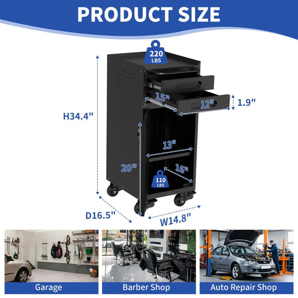 English Elm 34.3" Slim Steel Rolling Tool Cabinet with Locking Door Two Drawers for Garage W2735P428818