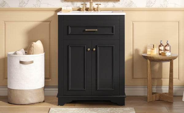 English Elm 24" Matte Single Sink Vanity Solid Poplar Frame Gold Hardware Soft Close Cabinet Black N710P389449B