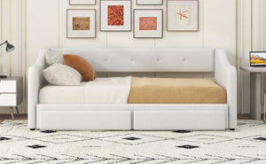 English Elm Twin XL Upholstered Daybed with Two Drawers — Convertible King Sofa Bed, Buttoned Back, Linen Upholstery Beige DL002056AAA