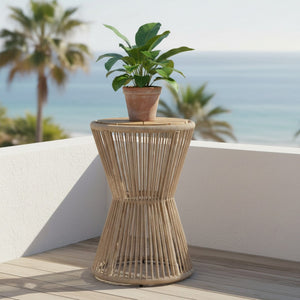 English Elm Outdoor Acacia Wood Top Side Table Woven Rope Iron Frame Hourglass Patio Accent Beige,Light Teak N770P354691L