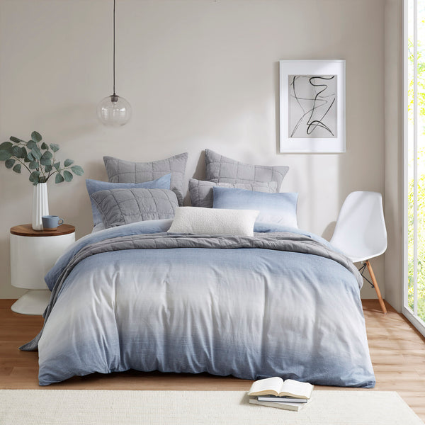 JLA Home Croscill Casual - 3 Ocean-Gradient Duvet Set in Blue-to-White Cotton-Linen Blend — Breathable, Textured Coastal Style CCA12-0005