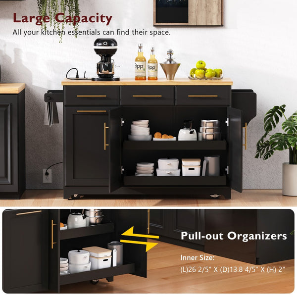 English Elm K&k Rolling Kitchen Island Rubber Wood Top Brass Hardware Built-in Outlets Storage Black N707S299014B