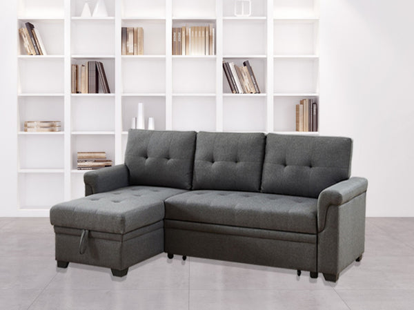 English Elm Destiny Tufted Linen Sleeper Sectional with Reversible Chaise and Hidden Storage B061S00078