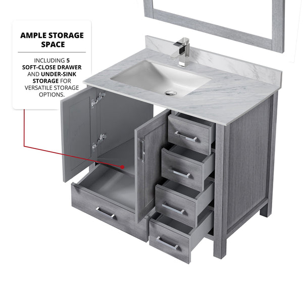 English Elm Distressed Grey Bath Vanity Set With Left Offset Carrara Marble Top, Faucet & Matching Mirror B2731S01264