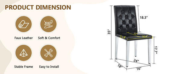 English Elm 4-pack PU dining chairs with ergonomic buckle backrest, gold metal legs, high-density sponge comfort Black+Silver W1151P295708