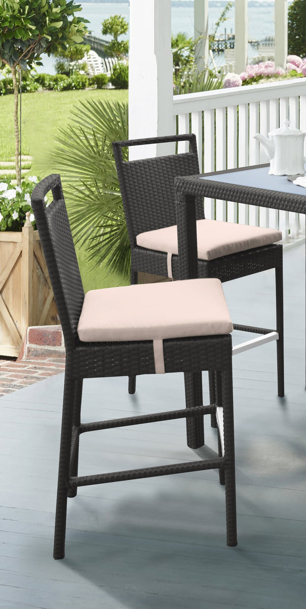 English Elm Luvien Outdoor Wicker Barstool Brown with Tall Back, Aluminum Frame, Water‑Resistant Beige Cushion B2736P268523