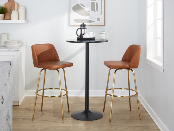 English Elm 30" Swivel Barstools Set of 2 Grey Fabric Gold Footrest Black Metal Kitchen Counter B202S00687