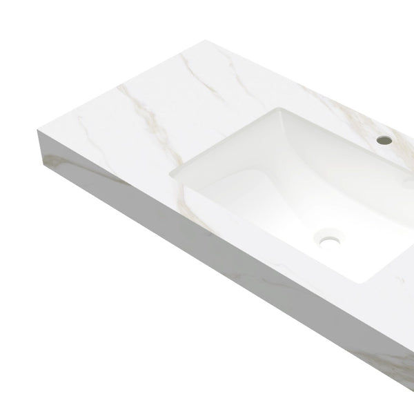 English Elm 48" Sintered Stone Countertop Vanity Base Brown Oak Cabinet Brushed Gold Handles W2615P330780